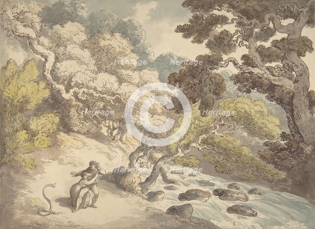 Landscape with rushing stream and a couple on the bank, frightened by a snake, 1775-1827. Creator: Thomas Rowlandson.