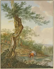 Landscape with water, an old willow tree by it, and two cows in the water, 17th-18th century. Creator: Jacobus Perkois