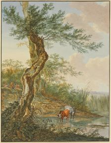 Landscape with water, an old willow tree by it, and two cows in the water, 17th-18th century. Creator: Jacobus Perkois