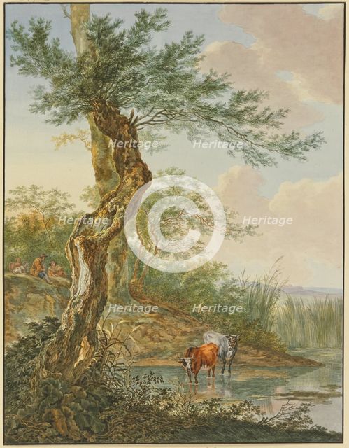 Landscape with water, an old willow tree by it, and two cows in the water, 17th-18th century. Creator: Jacobus Perkois.