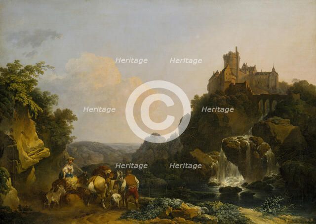 Landscape with Waterfall, Castle and Peasants, 1767. Creator: Philip James de Loutherbourg.