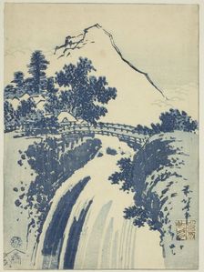 Landscape with waterfall, from an untitled series of chuban prints, Japan, c. 1831. Creator: Hokusai