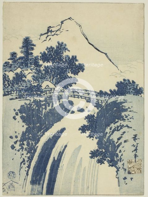 Landscape with waterfall, from an untitled series of chuban prints, Japan, c. 1831. Creator: Hokusai.