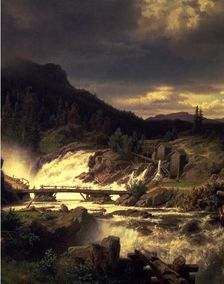 Landscape with waterfall in Norway oil on canvas by Erik Bodom