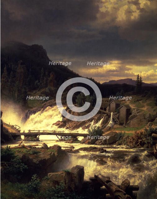 Landscape with waterfall in Norway', oil on canvas by Erik Bodom.