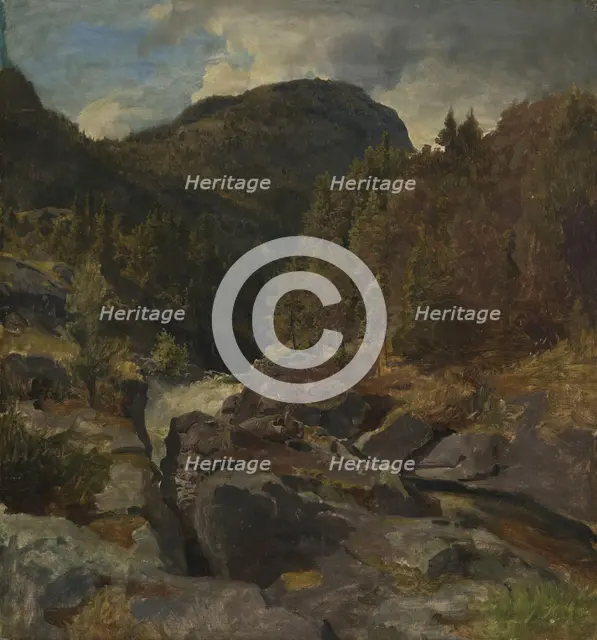 Landscape with Waterfall, probably 1850. Creator: Hans Gude.