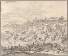 Landscape with Waterfalls and Bridges, Peasants in the Foreground, c.1670. Creator: Nicolaes Berchem