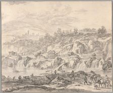Landscape with Waterfalls and Bridges, Peasants in the Foreground, c.1670. Creator: Nicolaes Berchem