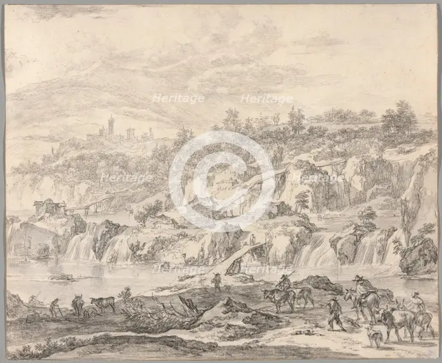 Landscape with Waterfalls and Bridges, Peasants in the Foreground, c.1670. Creator: Nicolaes Berchem.