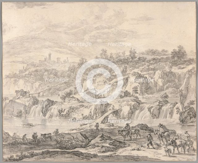 Landscape with Waterfalls and Bridges, Peasants in the Foreground, c.1670. Creator: Nicolaes Berchem.