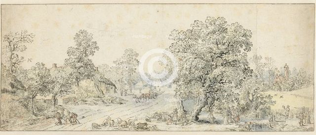Landscape with walkers, a shepherd and many other figures, 1600-1699. Creator: Anon.