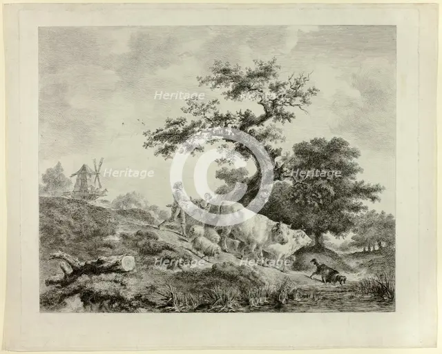 Landscape with Windmill, Young Man and Girl, and Two Oxen, n.d. Creator: Vivant Denon.