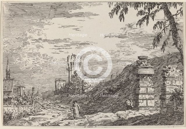 Landscape with Tower and Two Ruined Pillars, c. 1735/1746. Creator: Canaletto.