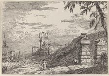 Landscape with Tower and Two Ruined Pillars, c. 1735/1746. Creator: Canaletto