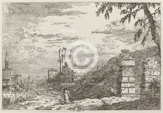 Landscape with Tower and Two Ruined Pillars [left], c. 1735/1746. Creator: Canaletto.