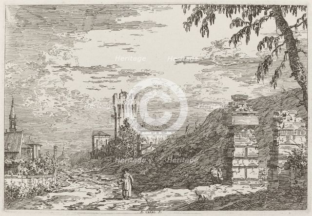 Landscape with Tower and Two Ruined Pillars [left], c. 1735/1746. Creator: Canaletto.
