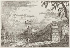 Landscape with Tower and Two Ruined Pillars [left], c. 1735/1746. Creator: Canaletto