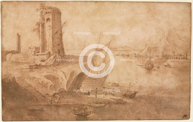 Landscape with Tower at Seashore, 1600-1614(?). Creator: Filippo Napoletano (Italian, c. 1587-c. 1629).