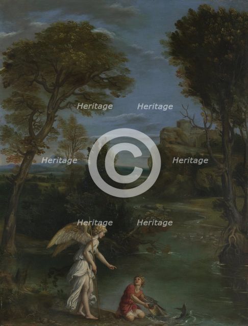 Landscape with Tobias laying hold of the Fish, c. 1612. Artist: Domenichino (1581-1641)