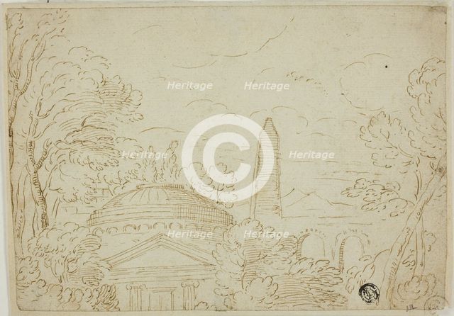 Landscape with Temple, Obelisk and Aqueduct, n.d. Creator: Unknown.