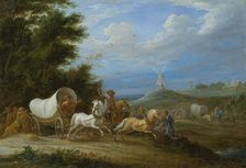 Landscape with the Attack on a Covered Wagon by a Group of Riders, c1660. Creator: Lambert de Hondt I