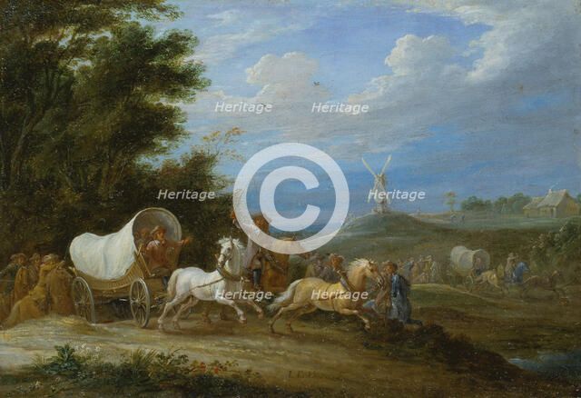 Landscape with the Attack on a Covered Wagon by a Group of Riders, c1660. Creator: Lambert de Hondt I.