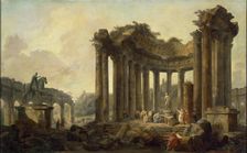 Landscape with the Ruins of the Round Temple, with a Statue of Venus and a Monument to..., 1789. Creator: Hubert Robert