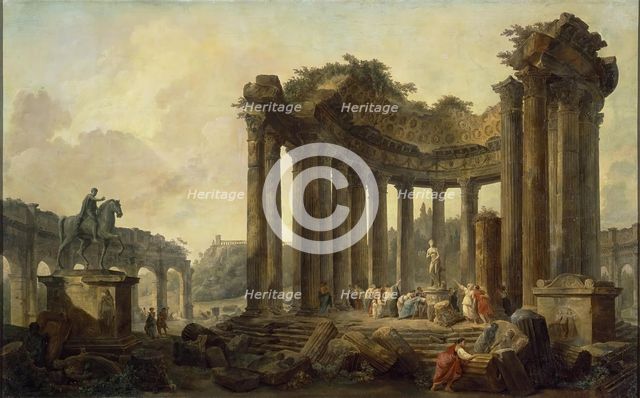 Landscape with the Ruins of the Round Temple, with a Statue of Venus and a Monument to..., 1789. Creator: Hubert Robert.
