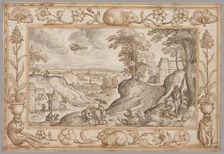 Landscape with the Sacrifice of Isaac within a Decorative Border of Plants and Animals, 1584. Creator: Hans Bol