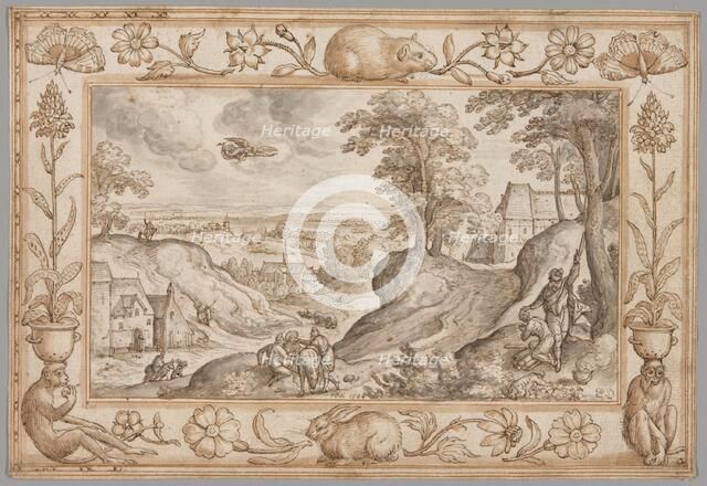 Landscape with the Sacrifice of Isaac within a Decorative Border of Plants and Animals, 1584. Creator: Hans Bol.