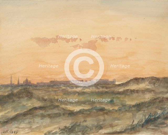 Landscape with the silhouette of a city in the distance, 1886. Creator: Arnoldus Dirk Felix Tavenraat.