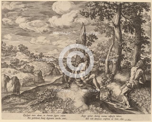 Landscape with Three Nude Men and a Dog. Creator: Johann Sadeler I.