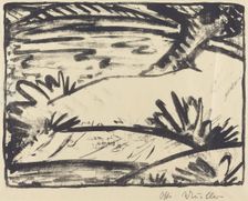 Landscape with Tree and Water (Landschaft mitBaum und Wasser), c. 1920. Creator: Otto Mueller