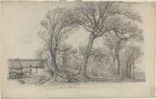 Landscape with Trees, Cottage, and Farm Wagon, c. 1858. Creator: Eugene Louis Boudin