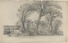 Landscape with Trees, Cottage, and Farm Wagon, c. 1858. Creator: Eugene Louis Boudin