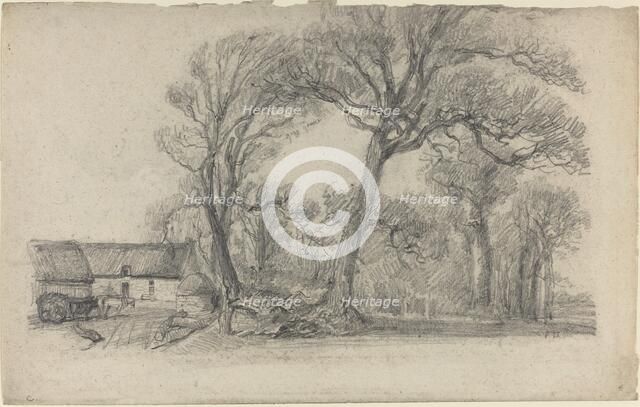 Landscape with Trees, Cottage, and Farm Wagon, c. 1858. Creator: Eugene Louis Boudin.