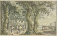 Landscape with trees, a pasture gate, and figures, 1761. Creator: Gerard van Rossum