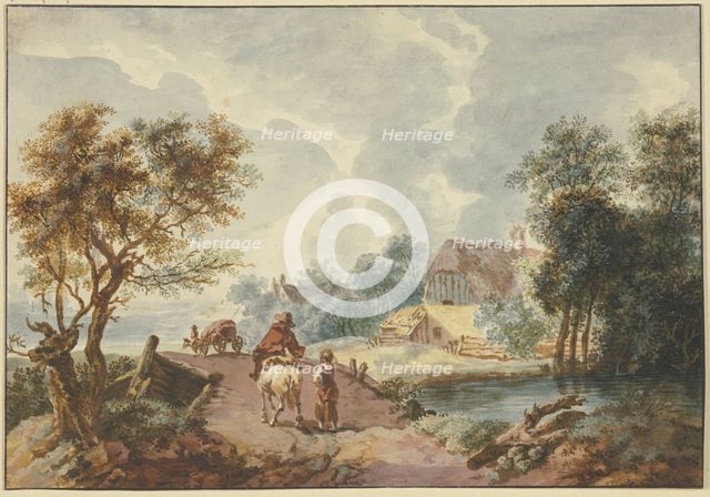 Landscape with trees, a path leading over a bridge in the foreground, late 18th century. Creator: Gottlieb Welte.