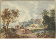 Landscape with trees, a path leading over a bridge in the foreground, late 18th century. Creator: Gottlieb Welte