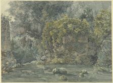 Landscape with trees and a ruined building by a stream, 18th century. Creator: Unknown