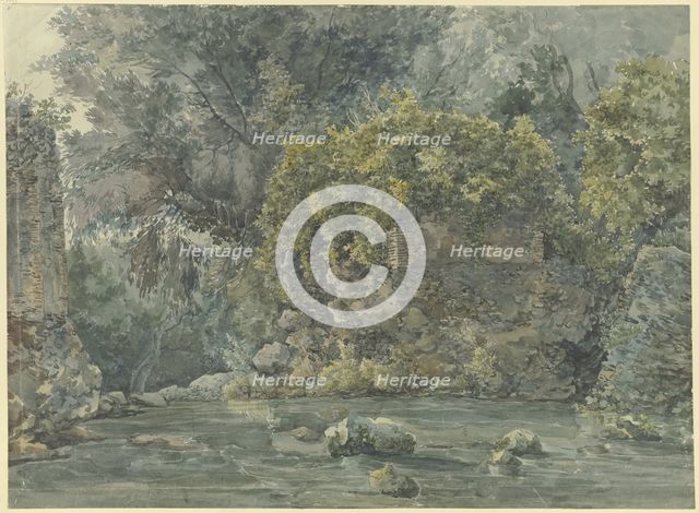 Landscape with trees and a ruined building by a stream, 18th century. Creator: Unknown.