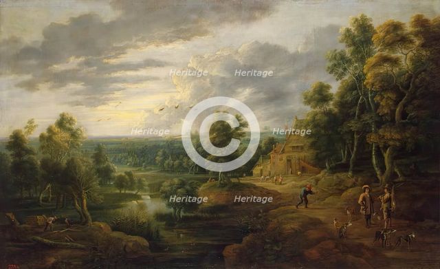 Landscape with Trees near a River (Landscape with Hunters), 1640. Creators: David Teniers II, Lucas van Uden.