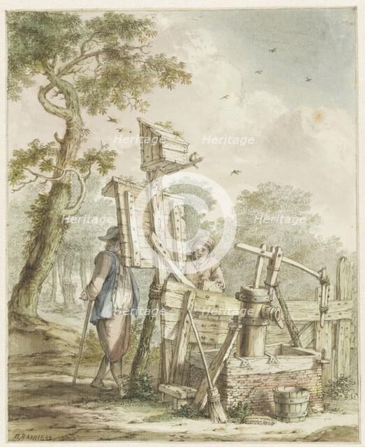Landscape with two men at a noticeboard near a water pump, c.1750-1808. Creator: Bartholomeus Barbiers.