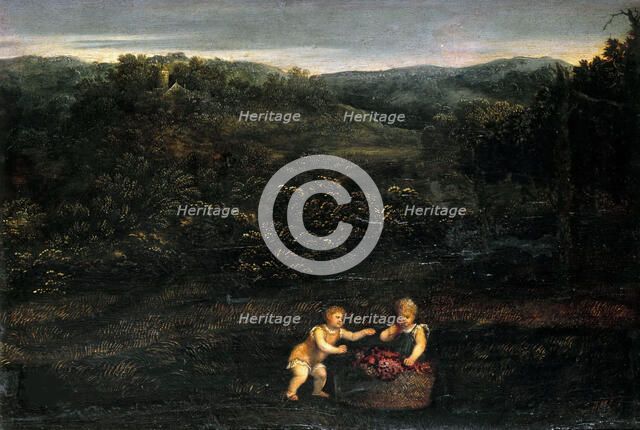 Landscape with two children and a basket of grapes, c. 1550. Creator: Bordone, Paris (1500-1571).