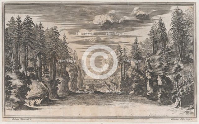 Landscape with two figures running along the bank of the river Xanto; set design from 'Il ..., 1668. Creator: Mathäus Küsel.