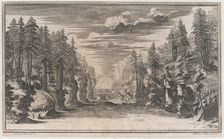 Landscape with two figures running along the bank of the river Xanto; set design from Il ..., 1668. Creator: Mathäus Küsel