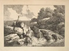 Landscape with Two Fishermen Climbing Rocks Next to a Waterfall, 1784-88. Creator: Thomas Rowlandson