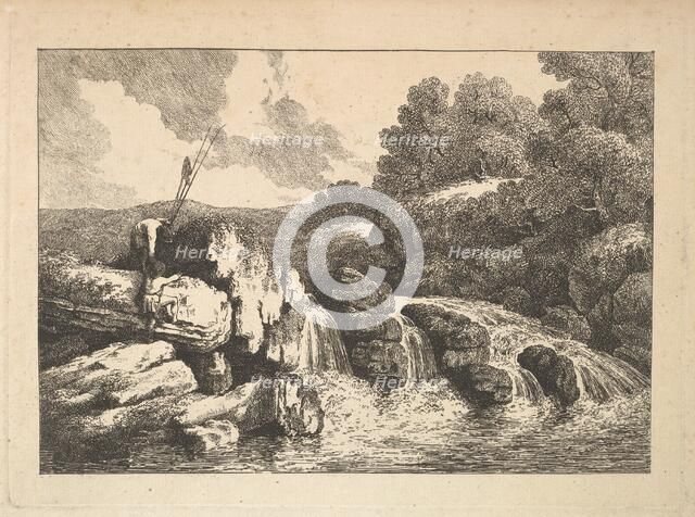 Landscape with Two Fishermen Climbing Rocks Next to a Waterfall, 1784-88. Creator: Thomas Rowlandson.