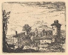 Landscape with two horned goats in shadow at left foreground, village buildings bey..., ca. 1641-78. Creator: Karel Du Jardin