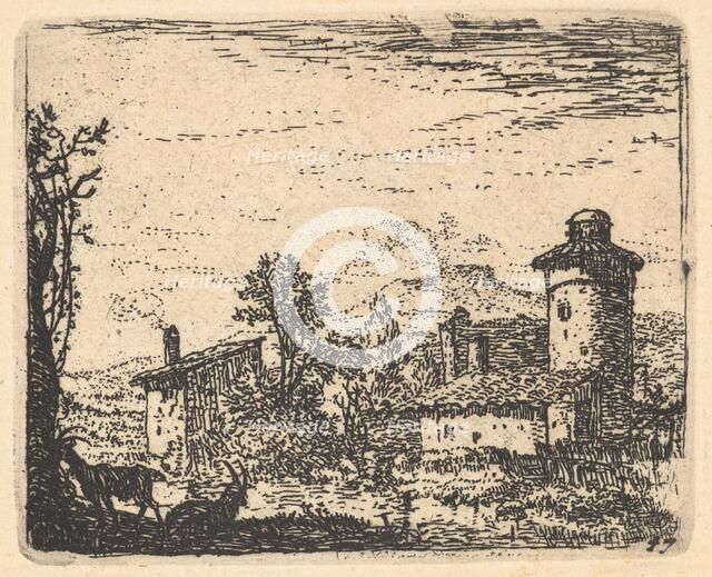 Landscape with two horned goats in shadow at left foreground, village buildings bey..., ca. 1641-78. Creator: Karel Du Jardin.